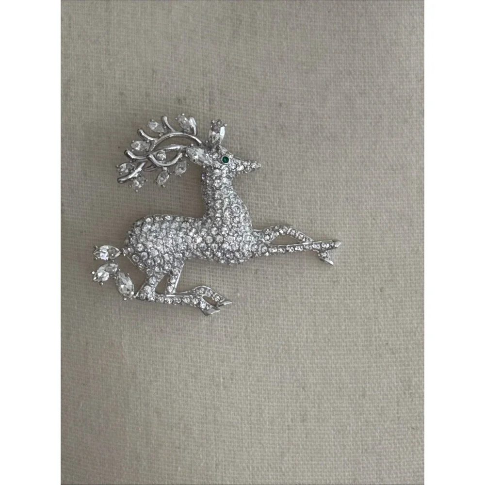 Vintage Nolan Miller Glamour Collection Crystal Pave Reindeer Pin Brooch Silver